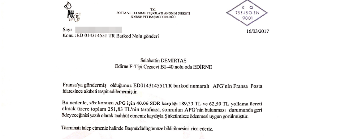 PTT'den Demirtaş'a tazminat